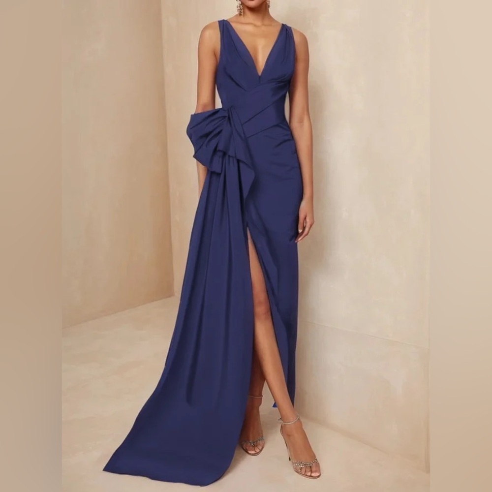 FEHAUTE Navy Blue Bow Asymmetric Satin V Neck Sleeveless A-Line Maxi Dress